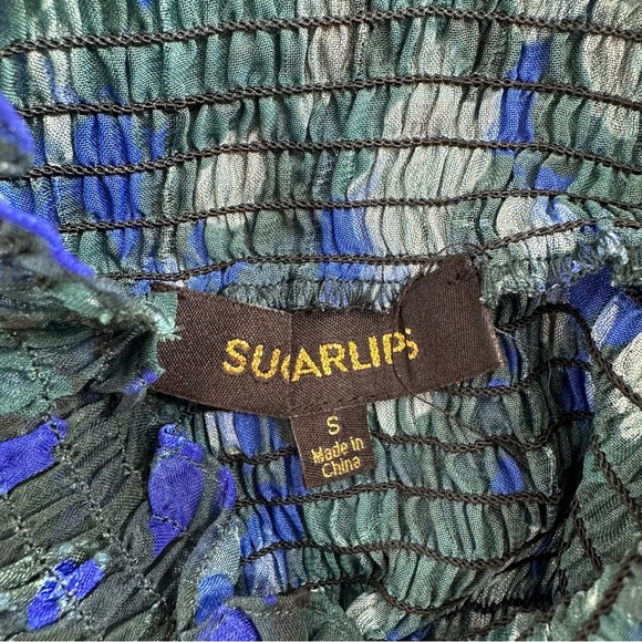 Sugarlips Blue Green Floral Smocked High Neck Blouse size Small Long Sleeves - Picture 9 of 10